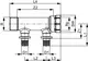 TECE-Verteiler mit zwei Anschlüssen, inklusive gewindeloser Verbindungen, abgebildet in schematischem Format mit Maße und Schnittstellen.